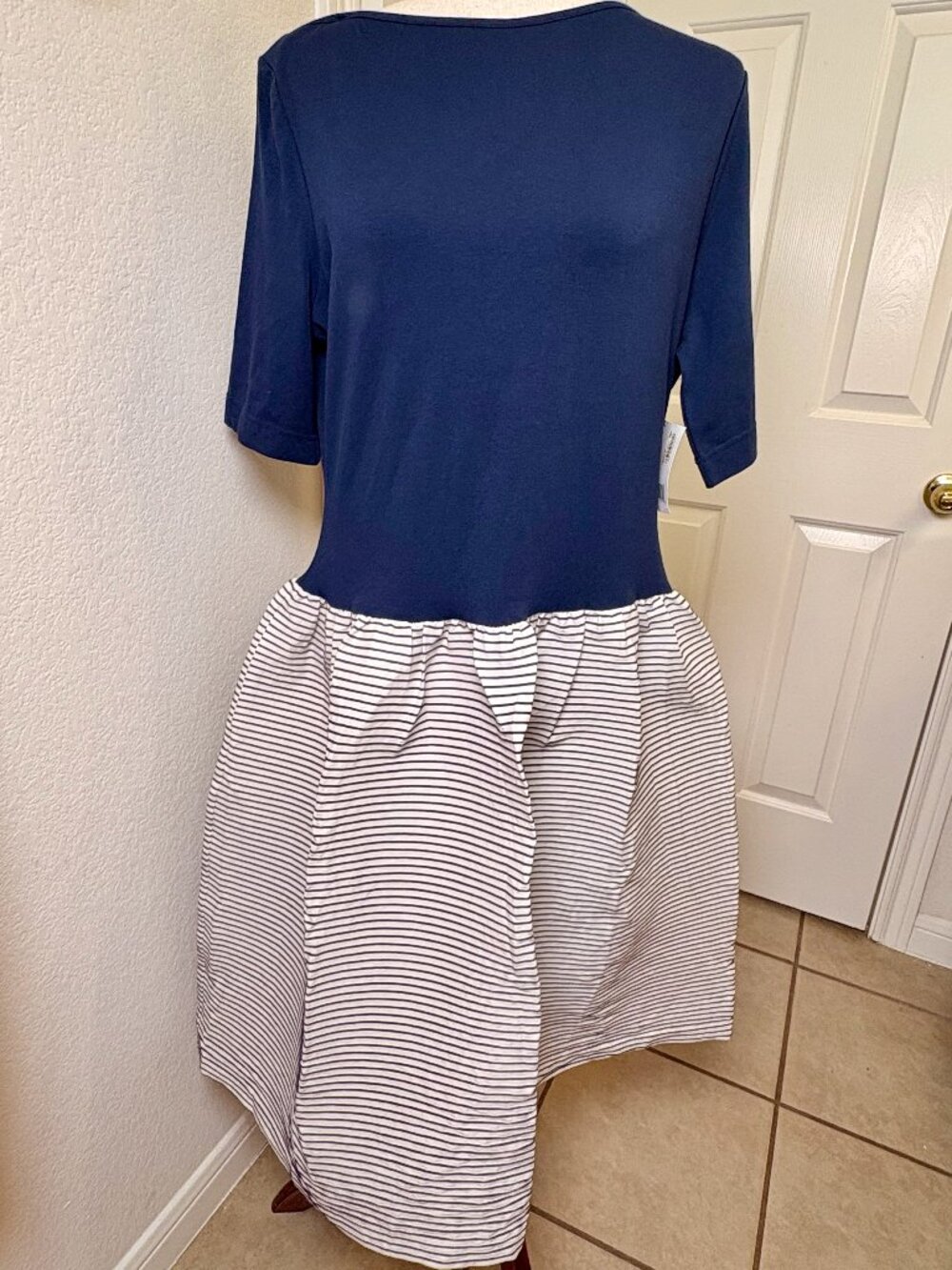 Vintage Y2K Liz Claiborne Navy Color Block Bubbke Skirt Striped Dress XL
